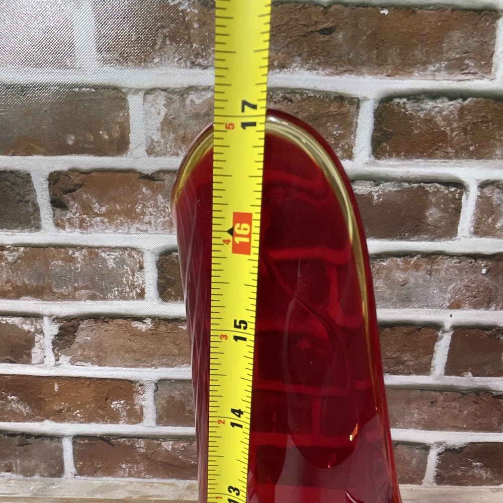 Red Art Glass Vase Amber Ruffled Rim 17" Tall 4" Wide Decorative Centerpiece - Picture 9 of 11